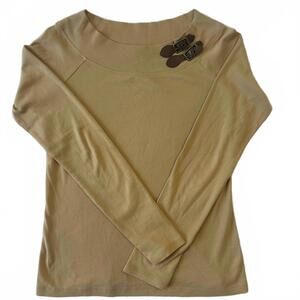 Lauren Ralph Lauren Women's Gold Crew Neck Sweater with Leather Buckle Detail -M